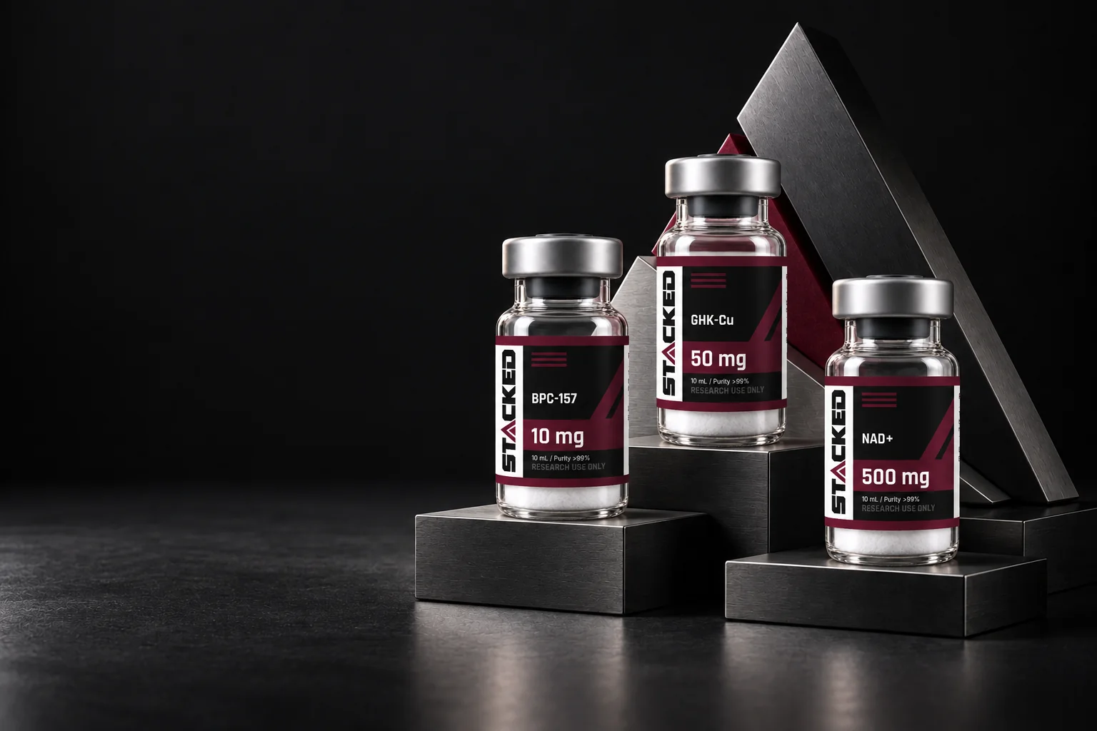 Stacked BPC-157, GHK-Cu, and NAD+ vials on geometric podiums